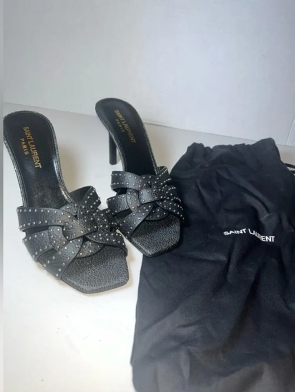 Saint Laurent Black Studded Leather Heeled Slide Sandals - Picture 10 of 11